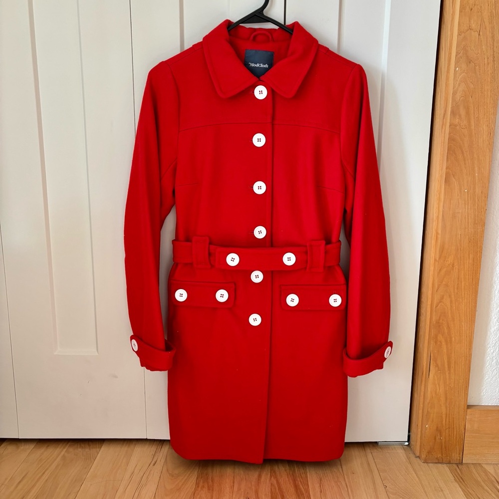 Modcloth Size XS Red and White Retro Car Coat